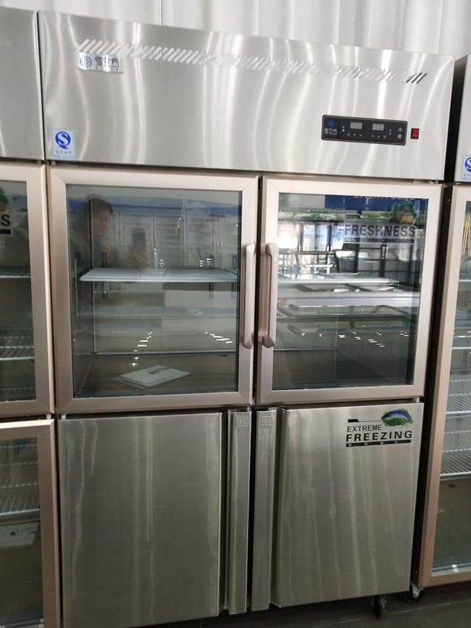 Anúncio publicitário de aço inoxidável 3 da porta do congelador 4 da porta de vidro dobro superior